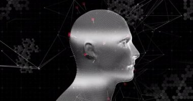 Siyah arkaplan üzerinde bağlantılar ve veri işleme ağı olan 3D parıldayan insan kafası modelinin animasyonu. Küresel tıp bilimi araştırma konsepti dijital olarak oluşturulmuş görüntü.