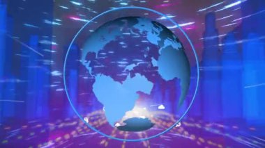 Küre etrafında dönen dijital arayüzün ve parlayan mavi şehir manzarasının üzerindeki ikonların animasyonu. Dijital olarak oluşturulan küresel bağlantı ağı teknolojisi kavramı.