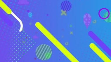 Yeşil daireler, beyaz çizgiler ve mavi arkaplanda görünen grafik elementlerle çapraz hareket eden sarı çizgilerin animasyonu. Renk, ışık ve hareket kavramı dijital olarak oluşturuldu