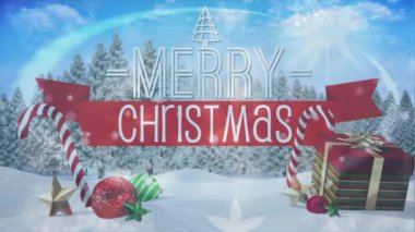 Arka planda kış manzarası olan birden fazla kar tanesinin yağdığı Mutlu Noeller metninin animasyonu. Noel kutlaması geleneği dijital olarak oluşturulmuş görüntü konsepti.