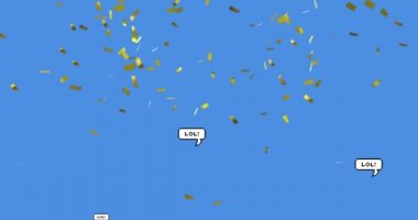 Birden fazla LOL metin konuşma baloncuğunun animasyonu. Mavi arka planda altın konfetiler uçuşuyor. Dijital ortamda oluşturulan doğum günü partisi konsepti.