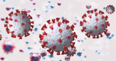 Beyaz arka planda dönen 3 boyutlu makro koronavirüs hücrelerinin animasyonu. Küresel koronavirüs Covid 19 salgın konsepti dijital olarak oluşturulmuş görüntü.