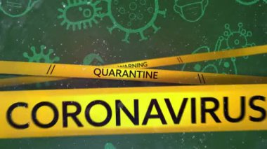 Uyarı, Karantina, Coronavirüs kelimelerinin animasyonu, yeşil arka planda covid hücreli. Coronavirus Covid 19 salgın konsepti dijital olarak oluşturulmuş görüntü.