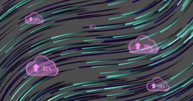 Pembe bulut simgeleriyle dijital arayüzün canlandırılması siyah arkaplanda büyüyen yeşil ışık izi. Dijital olarak oluşturulan küresel bağlantı ağı teknolojisi kavramı.