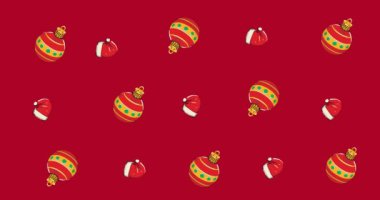 Noel süsleri ve Noel şapkalarının kırmızı arka planda kusursuz bir şekilde hareket ettiği geleneksel Noel modelinin animasyonu. Noel mevsimi şenlik konsepti dijital olarak oluşturulmuş görüntü.