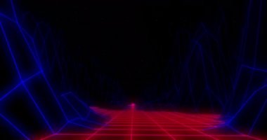 Kırmızı-mor parlayan ızgaralı video oyunu ekranının animasyonu ve siyah arkaplanda hareket eden ve el sallayan harita çizgileri. Renk ışığı hareketi konsepti dijital olarak oluşturuldu.