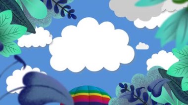 Mavi arka planda bulutların üzerinde uçan sıcak hava balonunun canlandırması yapraklarla çevrili. Dijital ortamda oluşturulan eğlenceli eğlence konseptini kutla.