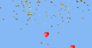 Mavi arka planda yüzen birden fazla kalp şeklindeki balonların üzerine düşen altın konfetilerin animasyonu. Dijital ortamda oluşturulan Sevgililer Günü kutlaması konseptiniz kutlu olsun..