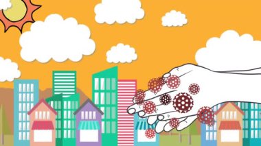 Sarı zemin üzerinde ellerini yıkayan Covid-19 hücrelerinin animasyonu. Küresel koronavirüs Covid 19 salgın konsepti dijital olarak oluşturulmuş görüntü.