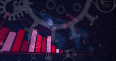 Covid 19 ikon ve istatistiklerinin animasyonu dünya haritasında olayları gösteriyor. Küresel koronavirüs Covid 19 salgın konsepti dijital olarak oluşturulmuş görüntü.