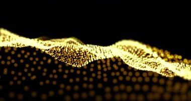 Birden fazla sarı noktanın animasyonu siyah arkaplanda hipnotik hareketle hareket eden örgüler oluşturuyor. Renk ve hareket kavramı dijital olarak oluşturuldu.