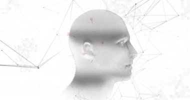 Beyaz arka planda bağlantı ağı ve veri işleme ağı ile parlayan üç boyutlu gri insan kafası modelinin animasyonu. Küresel tıp bilimi araştırma konsepti dijital olarak oluşturulmuş görüntü.