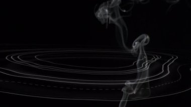 Siyah arkaplanda birden fazla beyaz harita üzerinde hareket eden gri dumanın animasyonu. Renk ve hareket kavramı dijital olarak oluşturuldu.