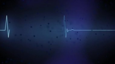 Kalp atış hızı monitörünün animasyonu ve dönen üç boyutlu DNA ipliği mavi arkaplandaki beyaz parçacıklarla oluşturuldu. Küresel tıp araştırma bilimi konsepti dijital olarak oluşturulmuş görüntü.