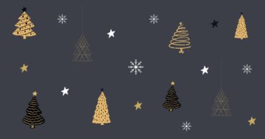 Kıvılcımlar saçan yıldızlar ve gri arka planda Noel ağaçları olan sıra sıra Noel süslerinin animasyonu. Noel mevsimi şenlik konsepti dijital olarak oluşturulmuş görüntü.