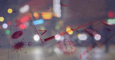 Covid 19 hücre ve istatistiklerinin animasyonu odak trafiği ve şehir ışıkları dışındaki vakaları gösteriyor. Küresel koronavirüs Covid 19 salgın konsepti dijital olarak oluşturulmuş görüntü.