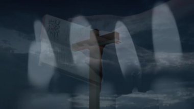 Dua eden, İncil 'i tutan ve bulutların üzerinden geçen kişinin animasyonu. Din inancı geleneği doğa konsepti dijital olarak oluşturulmuş görüntü.