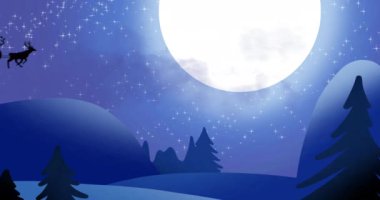 Arka planda dolunay olan ren geyikleri tarafından çekilen kızak içindeki siyah Noel Baba siluetinin animasyonu. Noel şenliği konsepti dijital olarak oluşturuldu.