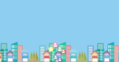 Mavi arka planda hareket eden arazide yüzen birden fazla insan simgesinin canlandırılması. Dijital olarak oluşturulmuş küresel çevrimiçi sosyal ağ konsepti.