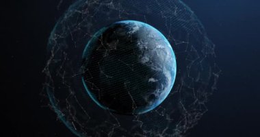 Koyu mavi arka planda dijital bağlantı ağı olan Dünya gezegeninin animasyonu. Dijital olarak oluşturulan küresel ağ teknolojisi kavramı.