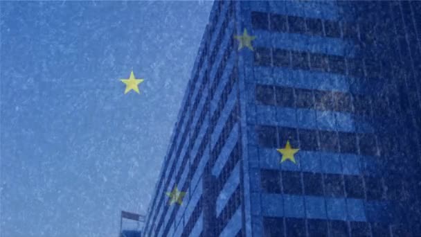 黄色の星と青の背景に近代的な建物と欧州連合 の旗のアニメーション 欧州共同体経済の概念デジタル的に生成されたイメージ — ストック動画