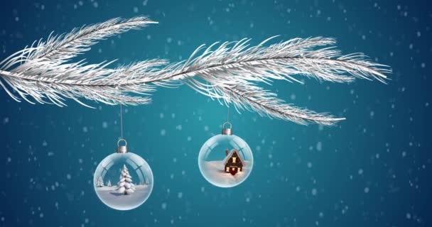 Animation Von Christbaumkugeln Die Weihnachtsbaum Baumeln Und Mehreren Schneeflocken Die — Stockvideo