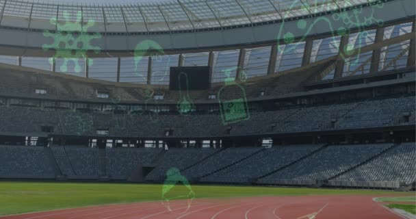 Animacja Komórek Ikon Koronawirusów Unoszących Się Nad Pustym Stadionem Global — Wideo stockowe