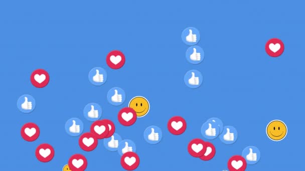 Animación Múltiples Caritas Sonrientes Corazón Pulgares Hacia Arriba Iconos Flotando — Vídeo de stock