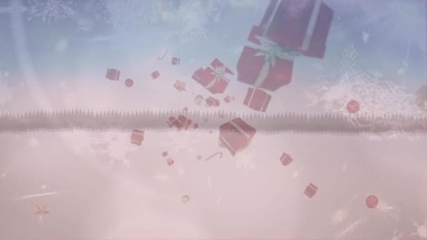 Animatie Van Meerdere Sneeuwvlokken Vallen Met Cadeautjes Winterlandschap Achtergrond Kerstfeest — Stockvideo