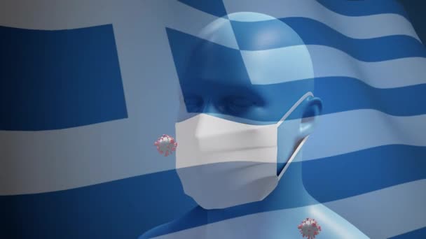 Animáció Görög Zászló Lengett Makro Covid Sejtek Lebegő Egy Emberi — Stock videók