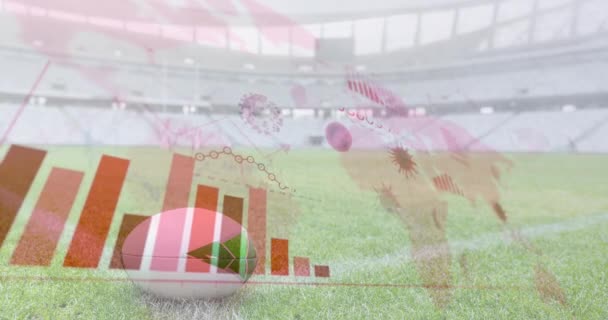 Animación Células Diagramas Coronavirus Flotando Sobre Estadio Vacío Pelota Rugby — Vídeos de Stock