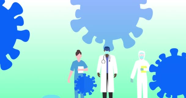 Açık Arkaplanda Yüz Maskeleri Takan Doktorların Üzerinde Yüzen Koronavirüs Hücrelerinin — Stok video
