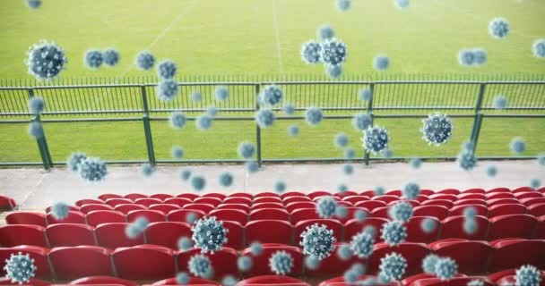 在空旷的体育场上漂浮的考拉韦细胞的动画 Global Covid Coronavirus Pandemic Sport Concept Digital Generated Image — 图库视频影像