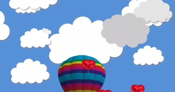 在蓝天背景下 多颗心形气球在热气球的映衬下漂浮 情人节快乐庆祝理念数码生成的图像 — 图库视频影像