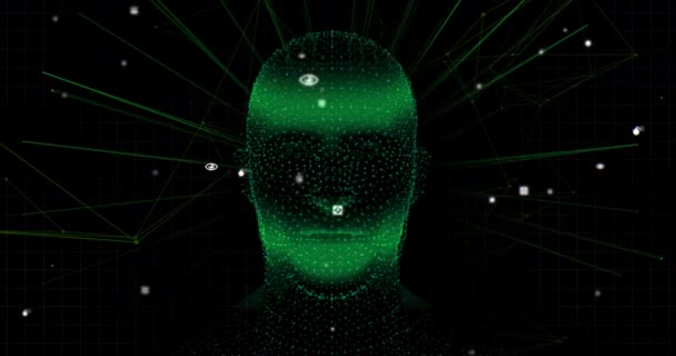 Animacja Zielony Świecący Model Głowy Człowieka Sieci Połączeń Przetwarzania Danych — Wideo stockowe