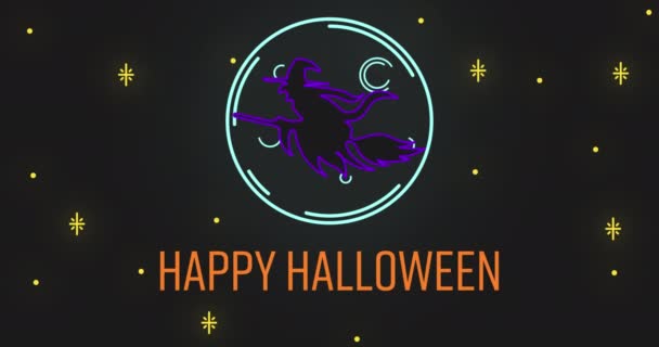 Animación Neón Feliz Halloween Texto Decoración Con Bruja Voladora Escoba — Vídeos de Stock