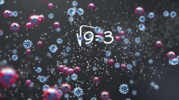 Covid 19細胞のアニメーション 灰色の背景に回転する複数の数学方程式と白いDna鎖 全球コロナウイルスCovid 19パンデミックの概念デジタル生成画像 — ストック動画