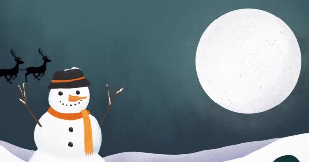 背景に満月と雪だるまが描かれたトナカイたちによって 雪の中のサンタクロースの黒いシルエットのアニメーション クリスマスの祝祭の概念デジタル的に生成されたイメージ — ストック動画