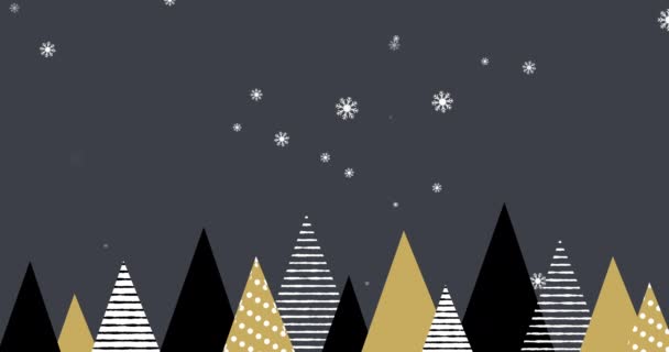Animatie Van Rijen Kerstbomen Met Meerdere Sneeuwvlokken Grijze Achtergrond Kerstseizoen — Stockvideo
