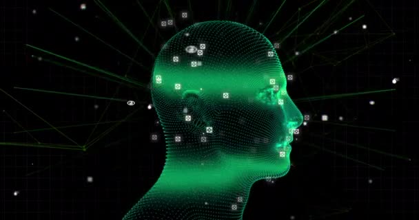 黒の背景に接続とデータ処理のネットワークと3D緑輝く人間の頭モデルのアニメーション グローバル医療科学研究の概念デジタル生成画像 — ストック動画