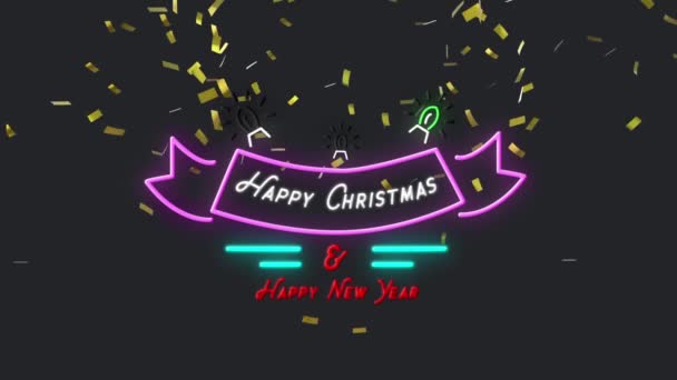 Animacja Szczęśliwych Świąt Bożego Narodzenia Szczęśliwego Nowego Roku Tekst Neonie — Wideo stockowe