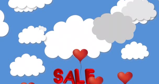 多颗心形气球的动画在蓝天和云彩上迎风飘扬 情人节快乐庆祝理念数码生成的图像 — 图库视频影像