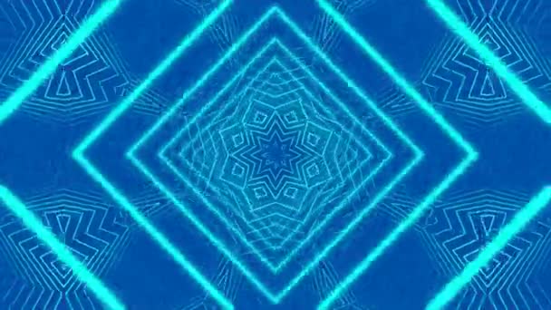 万花筒蓝色轮廓菱形和星形的动画 在无缝循环中催眠地运动 在蓝色背景上扭曲 — 图库视频影像