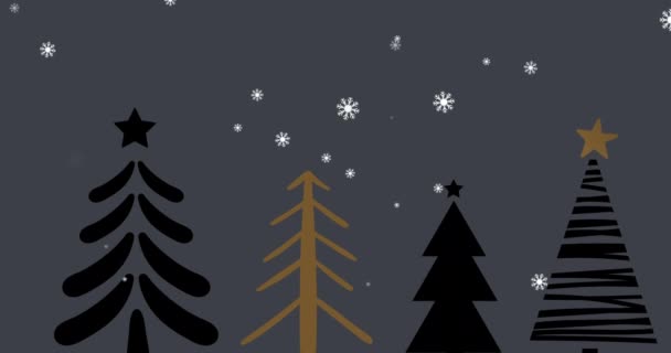 Animatie Van Vier Kerstbomen Met Meerdere Sneeuwvlokken Grijze Achtergrond Kerstseizoen — Stockvideo