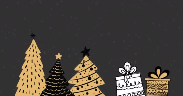 Animation Von Drei Weihnachtsbäumen Zwei Geschenken Mit Mehreren Schneeflocken Die — Stockvideo