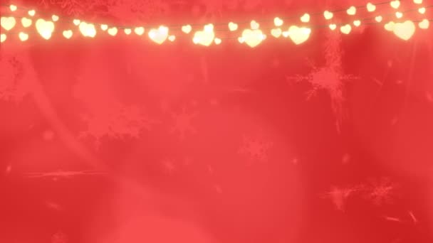 Animacja Świecących Świateł Bajki Wiele Płatków Śniegu Spada Czerwonym Tle — Wideo stockowe