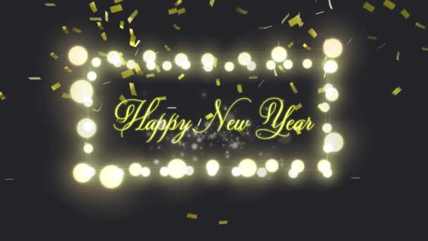 Animatie Van Happy New Year Tekst Met Gloeiende Fee Lichten — Stockvideo