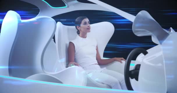 現代都市を横断する自動運転モードで車の中で白を身に着けている女性のアニメーション 未来工学人工知能の概念デジタル複合体 — ストック動画