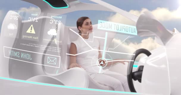 Animación Mujer Coche Con Interiores Blancos Modo Piloto Automático Conduciendo — Vídeos de Stock