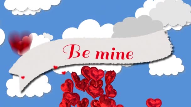 Animation Mine Text Red Heart Balloons Flying Clouds Blue Background — Stock Video